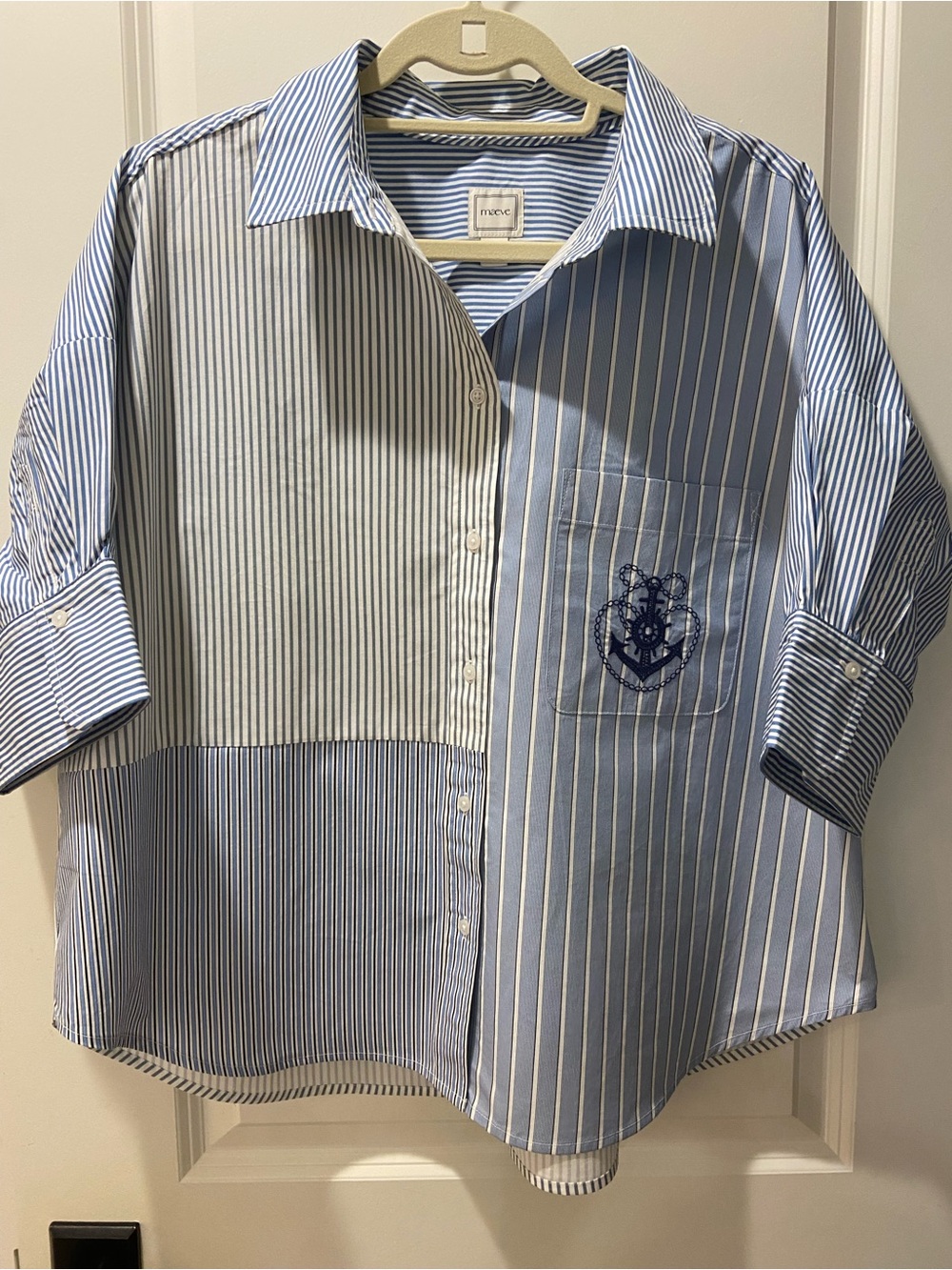 Maeve Blue & White Striped Button-Down Shirt with Embroidered Crest